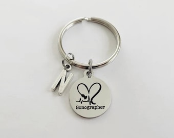 Personalized Sonographer Keychain, Initial Charm, Ultrasound Tech Gift