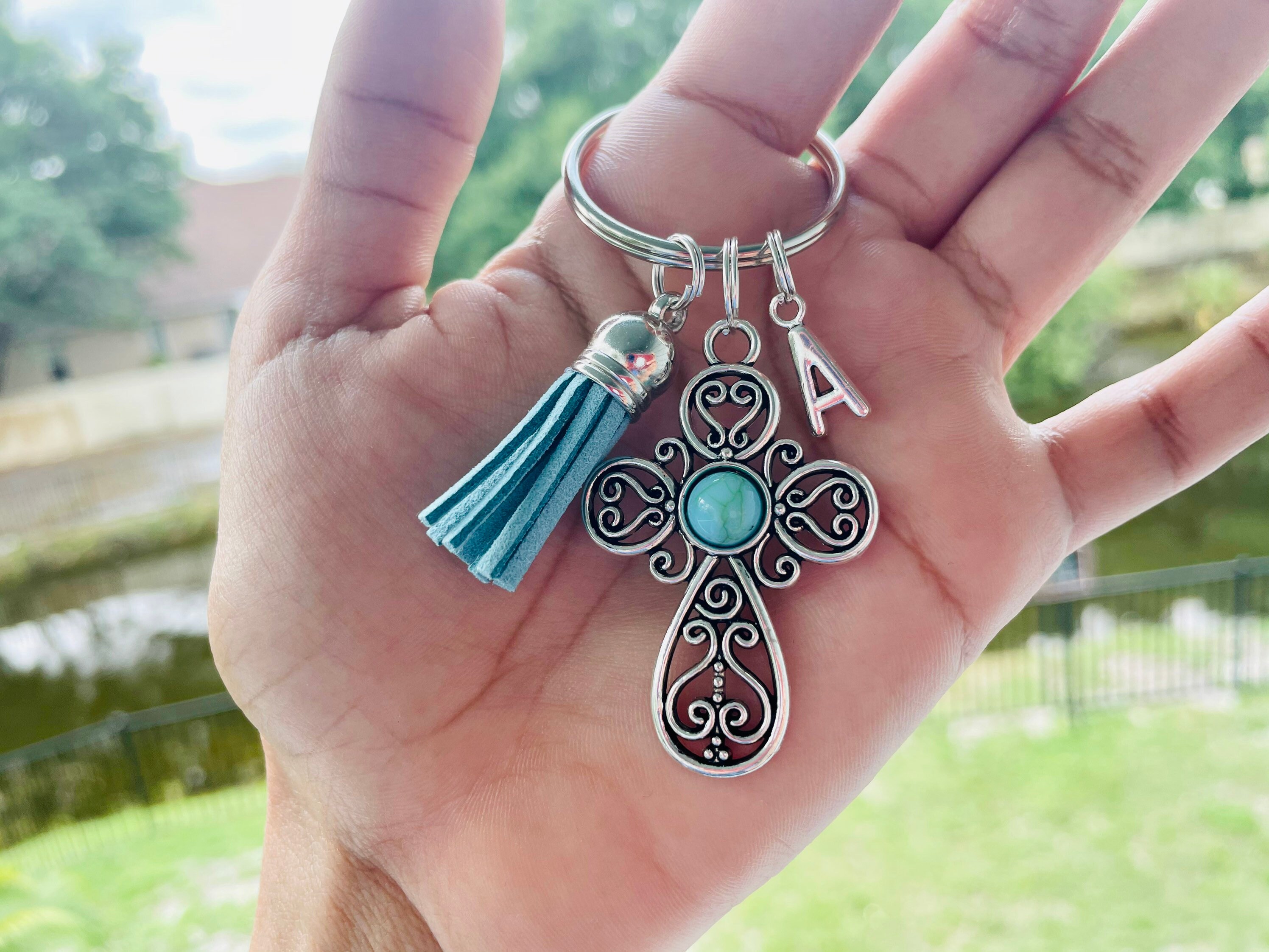 Christian Keychain For Women Turquoise Cross Tassel Keyring Etsy