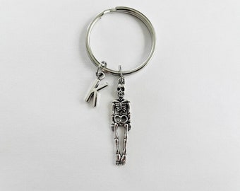 Personalized Skeleton Keychain, Halloween Keyring, Initial Charm