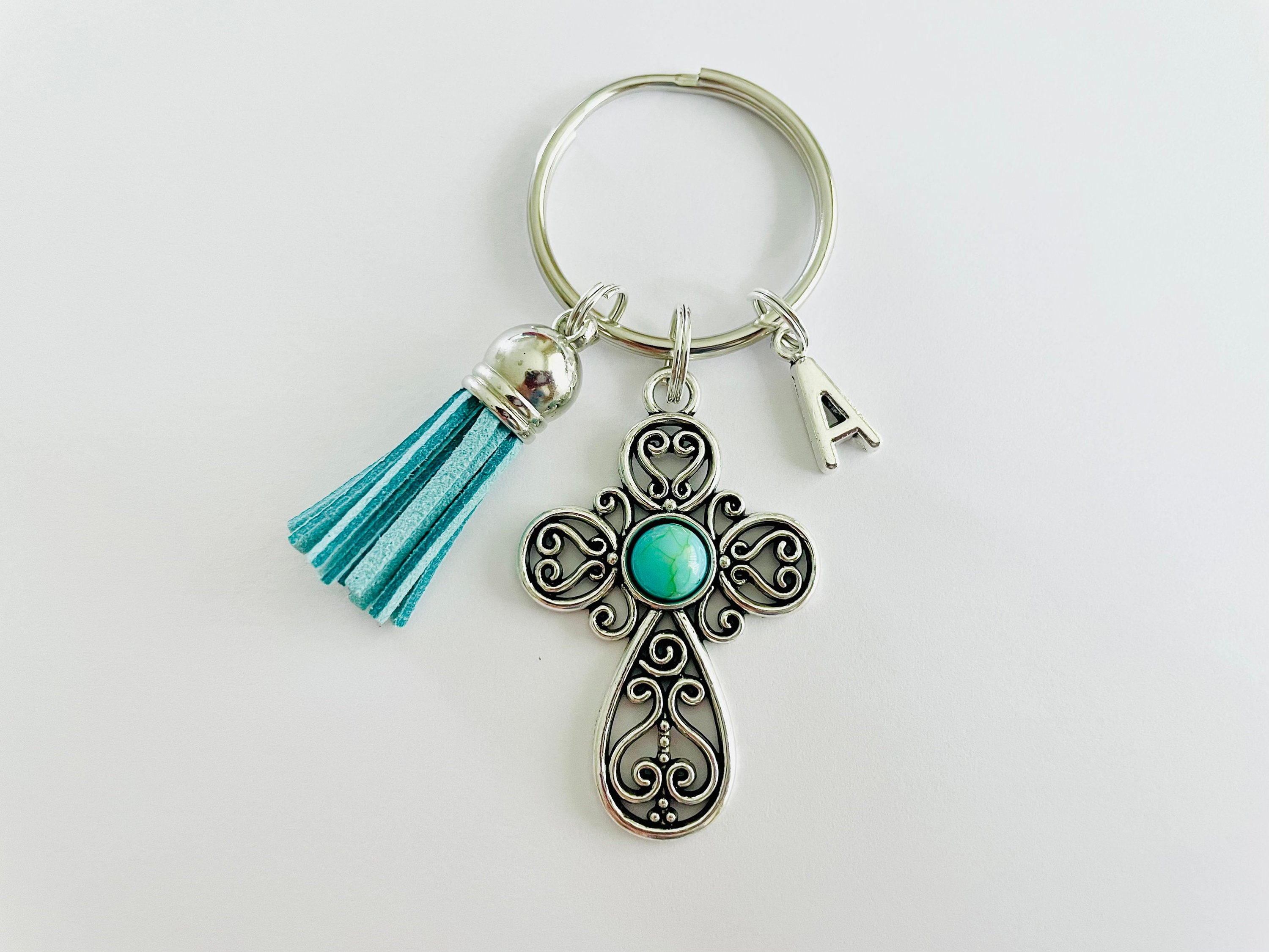 Christian Keychain For Women Turquoise Cross Tassel Keyring Etsy