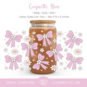 Kokette Schleife Gänseblümchen 16 Unze Libbey Glasdosenverpackung PNG Ästhetisches Band und Blumenschalenverpackung SVG Kokette Becher Cottagecore Sublimationsentwurf