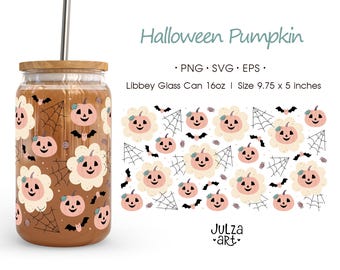 Cute Halloween Pumpkin 16oz Libbey Glass Can Wrap PNG Pink Pumpkin Cup Wrap SVG Kawaii Spooky Season Tumbler Wrap Scary Spider Spiderweb Bat