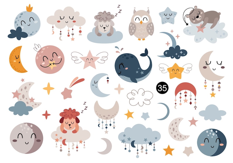 Celestial svg, Moon svg, Star svg, Sweet dreams clipart, Boho baby, Sleeping animals png, Baby shower, Digital download, Commercial use image 2