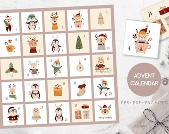 Calendario dell'Avvento di Natale per bambini Calendario dell'avvento stampabile Conto alla rovescia di Natale Calendario di Natale Stampe di Natale Download digitale