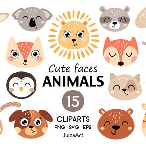 Cute animal clipart, Animal face svg, Woodland animals png, Animal head clip art, Baby shower, Vector, Digital download, Commercial use
