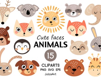 Cute animal clipart, Animal face svg, Woodland animals png, Animal head clip art, Baby shower, Vector, Digital download, Commercial use