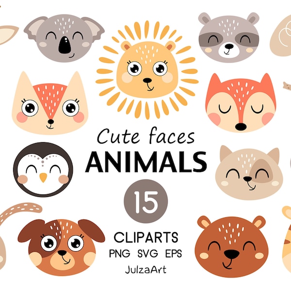 Cute animal clipart, Animal face svg, Woodland animals png, Animal head clip art, Baby shower, Vector, Digital download, Commercial use