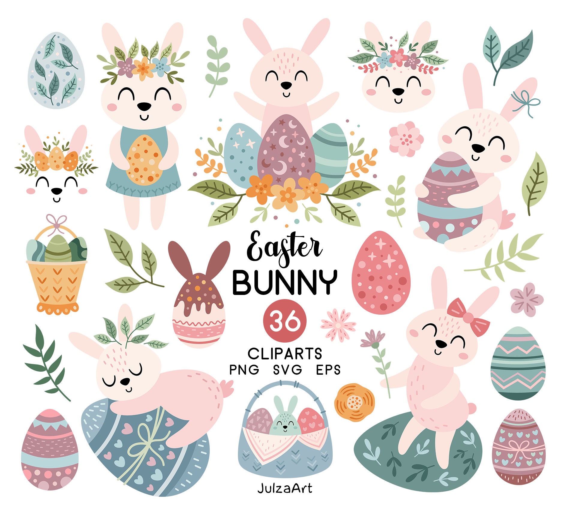 ハッピーイースター クリップアートセット: イースターバニー SVG、卵 PNG、春のグラフィック (デジタルダウンロード) - Etsy 日本, image size:1900x1700
