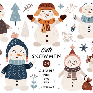 Pu&ograve; includere: Un set di 21 illustrazioni di pupazzi di neve carini in clipart in vari colori e stili. I pupazzi di neve indossano cappelli, sciarpe e guanti. Alcuni pupazzi di neve tengono regali o altri oggetti a tema invernale. Il testo "Cute Snowmen 21 Clipart PNG SVG EPS JulzaArt" &egrave; incluso nell'immagine.