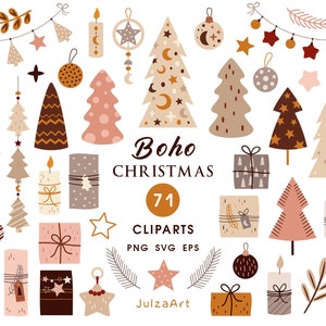 Clipart di Natale Boho, SVG di Natale, PNG di Buon Natale, SVG dell'albero di Natale, PNG dell'ornamento di Natale, SVG del regalo di Natale, Download digitale
