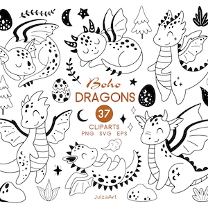 May include: A set of 37 black and white clip art illustrations of cute boho dragons. The dragons have wings, scales, and some have stars and moons on them. The illustrations are perfect for creating digital or printed projects.