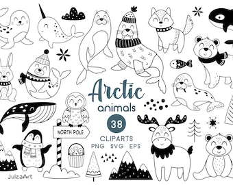 Arctic Animals Clipart: Black and White Polar Animal, Winter PNG SVG Doodle (Digital Download)