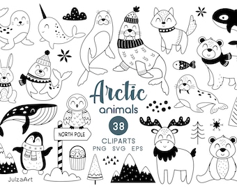 Arctic animals clipart, Black and white animals svg, Polar animal png, Winter clipart, Baby animals print, Digital download, Commercial use