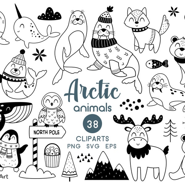 Arctic animals clipart, Black and white animals svg, Polar animal png, Winter clipart, Baby animals print, Digital download, Commercial use