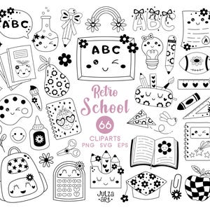 Black and white school svg Retro Back to school png Groovy school clipart Teacher png School Supplies svg School Doodle Education clipart
