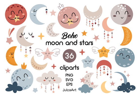 Moon svg, Star svg, Celestial svg, Bohemian Moon and star clipart, Boho baby svg, Baby shower, Vector, Digital download, Commercial Use