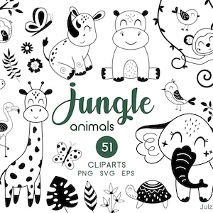 Jungle dieren clipart, zwart-wit tropische svg, safaridieren png, babydouche, kwekerij print, digitale download, commercieel gebruik