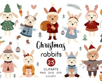 Christmas clipart, Christmas rabbit svg, Merry Christmas png, Holiday bunny clip art, Kids Christmas svg, Digital download, Commercial use