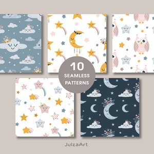 Good Night Baby Seamless Pattern, Moon and Stars Digital Paper, Cute ...