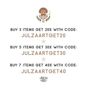 May include: A graphic with a cartoon dinosaur in an egg with stars and a crescent moon. Text reads: BUY 3 ITEMS GET 20% WITH CODE: JULZAARTGET20 BUY 5 ITEMS GET 30% WITH CODE: JULZAARTGET30 BUY 7 ITEMS GET 40% WITH CODE: JULZAARTGET40 Julza art