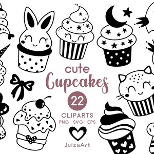 Cupcake svg, clipart de pastel, svg de pastel en blanco y negro, clipart de dulces, png de postre, clipart de cumpleaños, descarga digital, uso comercial