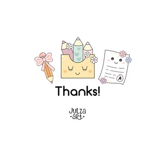 May include: A cute illustration with a pencil, a box of pencils, and a paper with an A grade. The word "Thanks!" is written in black, with the artist's name below. The image has a white background and a cartoon style.