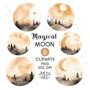 Lune PNG, clipart lune aquarelle, clipart lune magique, lune bohème, décoration enfant lune, clipart céleste, impression Boho, téléchargement numérique