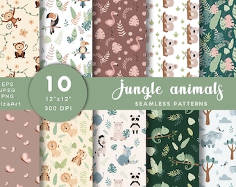 Jungle Animals Seamless Pattern: Safari Digital Paper, Tropical Background (Digital Download)