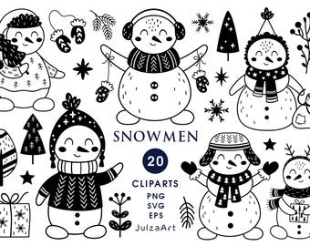 Clipart pupazzo di neve: Buon Natale in bianco e nero SVG, Inverno PNG (download digitale)