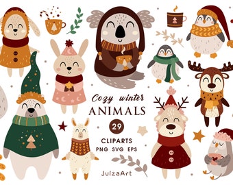 Winter Animals clipart, Christmas svg, Woodland animals png, Baby shower, Nursery print, Kawaii animal svg, Digital download, Commercial use