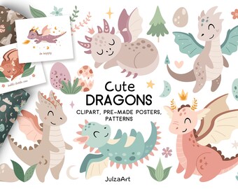 May include: A collection of cute dragon illustrations in various poses and colors, including pink, blue, and beige. The image also features pre-made posters and patterns with the text "Cute Dragons".