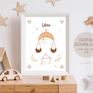 Póster imprimible de Libra, póster del zodíaco de Libra, signo del zodíaco, impresión del zodíaco, baby shower del zodíaco, tarjeta para bebé, descarga digital