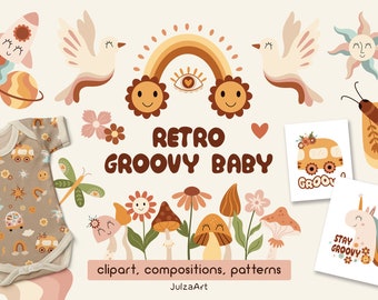 Retro baby clipart, Groovy svg, Groovy baby shower, Retro seamless pattern, Boho hippie clip art, Digital download, Commercial use