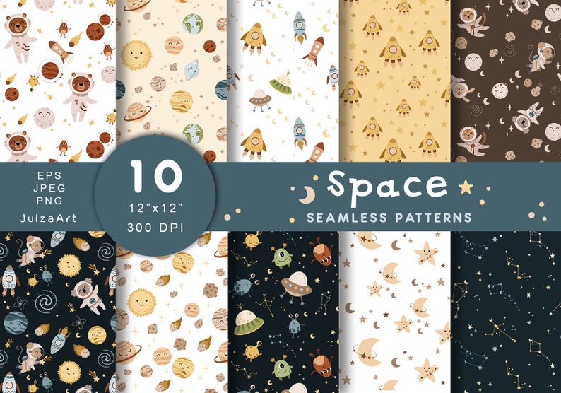 Space Seamless Pattern, Planets Digital Paper, Baby Shower, Astronaut ...