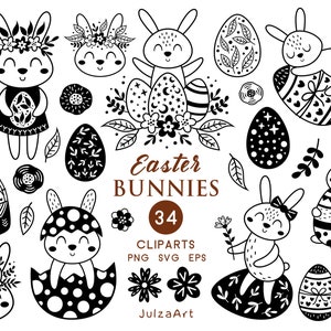 Clipart de Pâques, lapin de Pâques svg, svg de Joyeuses Pâques, oeufs de Pâques png, impression de Pâques noir, clipart printemps, téléchargement numérique, usage commercial