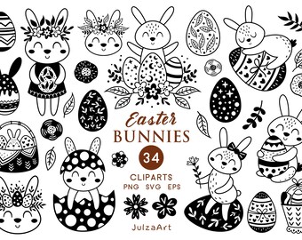 May include: Black and white clipart set of 34 Easter bunnies. The bunnies are in various poses, some holding eggs, some sitting in eggshells, and some wearing flower crowns. The set also includes eggs, flowers, and other Easter-themed elements.