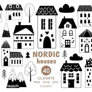 Clipart case scandinave, svg casa nordica in bianco e nero, stampa case minimali, clipart moderna, download digitale, uso commerciale