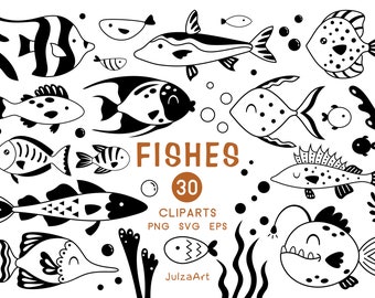 May include: A set of 30 black and white fish illustrations. The illustrations are in a variety of styles, including cartoon, realistic, and stylized. The text "FISHES 30 CLIPARTS PNG SVG EPS JulzaArt" is included in the image.