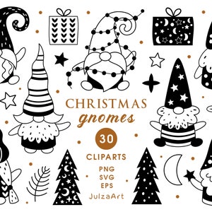 Clipart di gnomi natalizi in bianco e nero, gnomi scandinavi svg, clipart di vacanze invernali, png di Capodanno, download digitale, uso commerciale