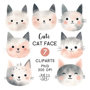 Cat png, Cute cat clipart, Cat face clip art, Cat head, Watercolor cat print, Baby cat, Kitten clipart, Baby shower, Digital download