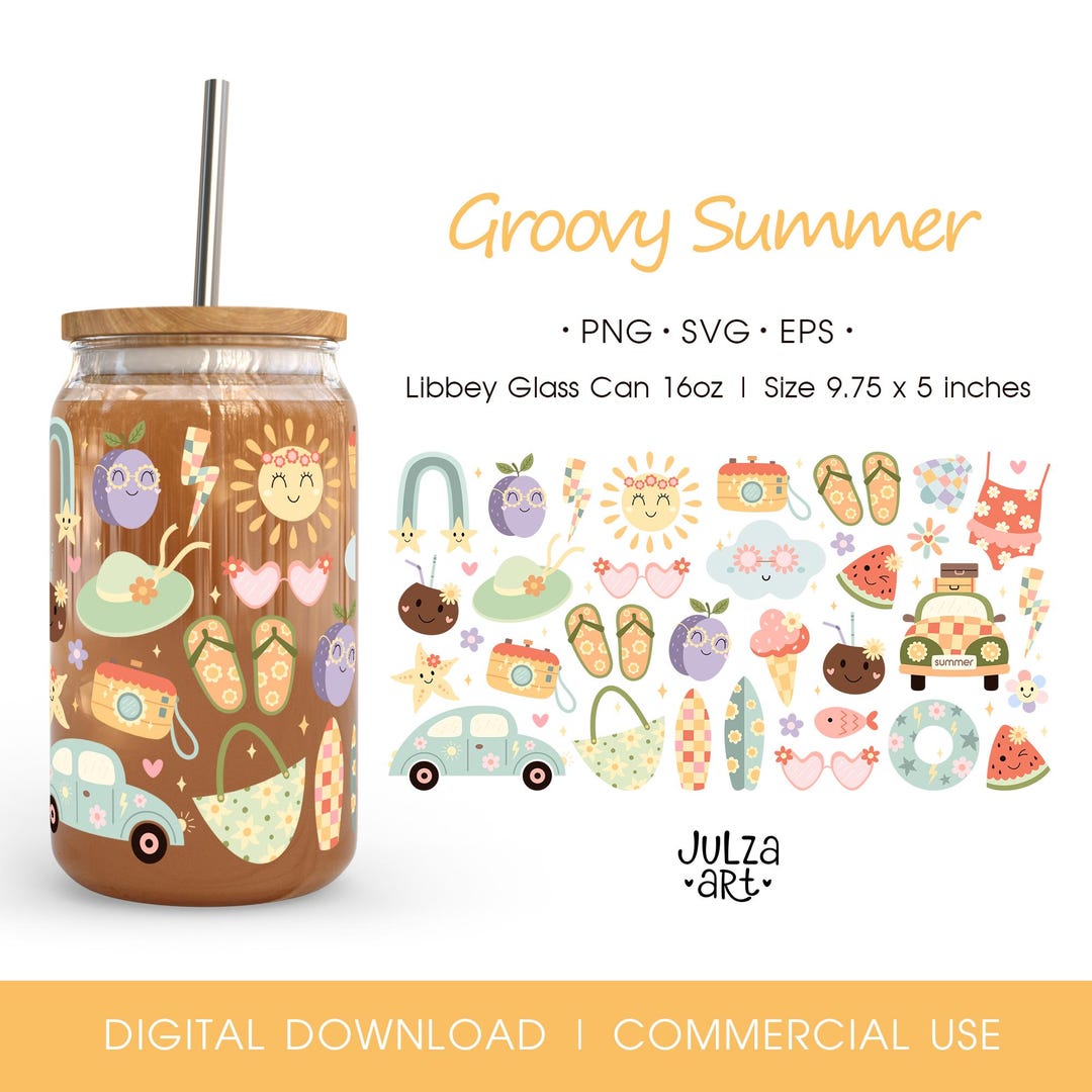 Groovy Summer Glass Can Wrap Png, Retro Summer Vibes Cup Wrap Svg ...