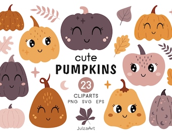 Pumpkin svg, Cute pumpkin clipart, Kawaii Halloween pumpkin png, Kids Halloween svg, Fall clipart, Digital download, Commercial use