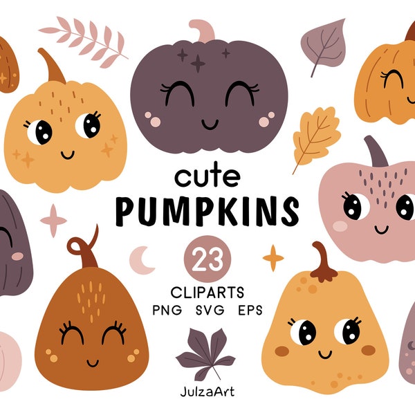 Pumpkin svg, Cute pumpkin clipart, Kawaii Halloween pumpkin png, Kids Halloween svg, Fall clipart, Digital download, Commercial use