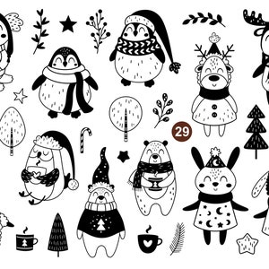 K&ouml;nnte beinhalten: Schwarz-wei&szlig;e Illustrationen verschiedener Tiere, die Winterkleidung tragen, darunter ein Pinguin, ein B&auml;r, ein Rentier, ein Lama, ein Koala und ein Kaninchen. Die Illustrationen sind vor einem wei&szlig;en Hintergrund platziert und enthalten verschiedene winterliche Elemente wie B&auml;ume, Sterne und Zuckerstangen.