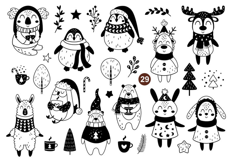 K&ouml;nnte beinhalten: Schwarz-wei&szlig;e Illustrationen verschiedener Tiere, die Winterkleidung tragen, darunter ein Pinguin, ein B&auml;r, ein Rentier, ein Lama, ein Koala und ein Kaninchen. Die Illustrationen sind vor einem wei&szlig;en Hintergrund platziert und enthalten verschiedene winterliche Elemente wie B&auml;ume, Sterne und Zuckerstangen.