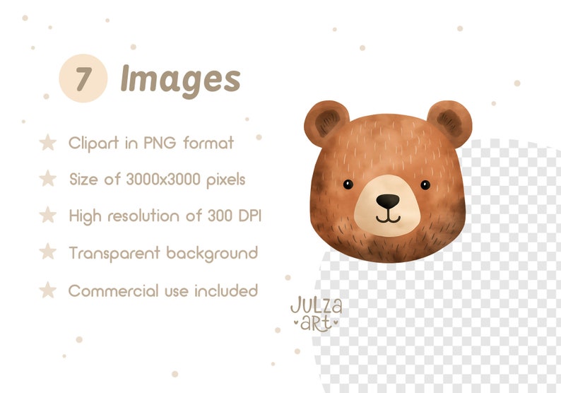 May include: Watercolor illustration of a brown bear face with a black nose and small eyes. The image includes text that reads "7 Images", and details about the clipart, including PNG format, 3000x3000 pixels, 300 DPI, transparent background, and commercial use.