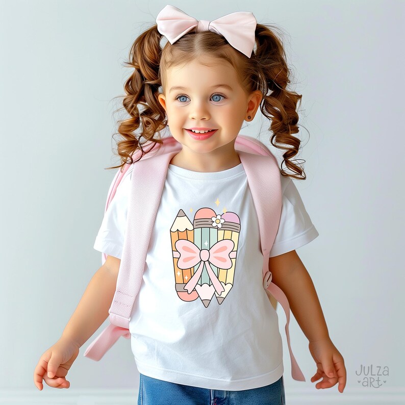 May include: A child wearing a white t-shirt featuring a colourful pencil graphic and a pink bow. The child also has a pink backpack and a matching bow in their hair. The image is from Julza Art.