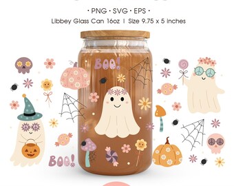 Retro Groovy Halloween Glass Can Wrap PNG SVG: Ghost, Pumpkin Design, Spooky (Digital Download)