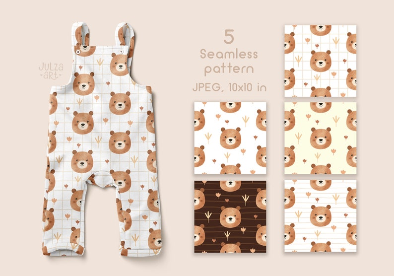 Bear Seamless Pattern Watercolor Digital Paper Cute Bear Head Pattern ...