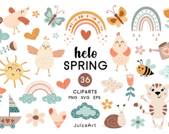 Spring svg, Hello Spring clipart, Spring time png, Flowers svg, Floral clipart, Animals, Birds, Butterfly, Digital download, Commercial use